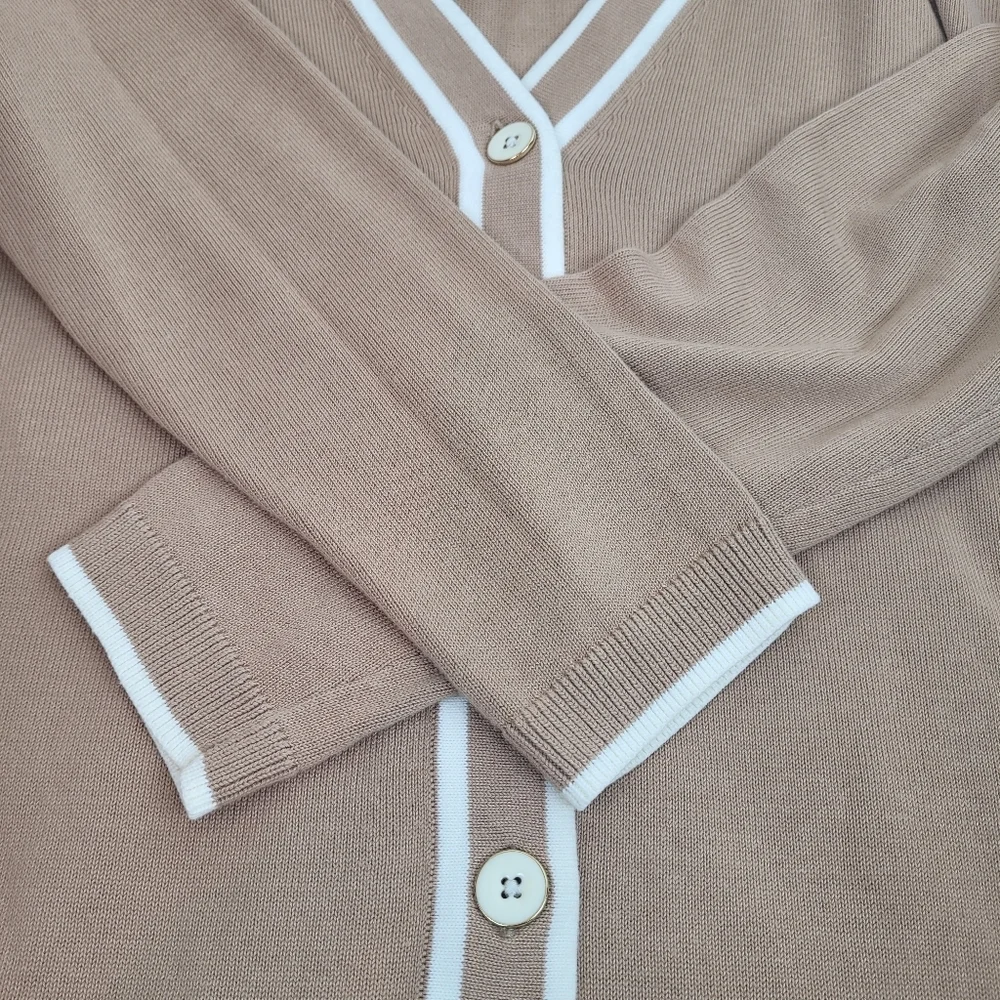 Talbot's girlfriend varsity tan cardigan white trim preppy normcore academia S - Picture 7 of 11